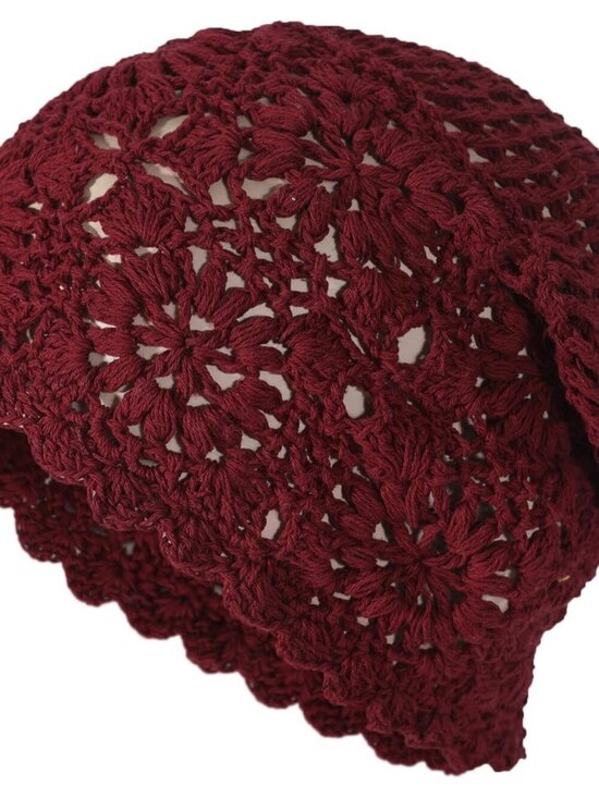 Women\'s Cotton Crochet Slouchy Beanie Hat Knit Summer Skull Cap Burgundy Red main image 4
